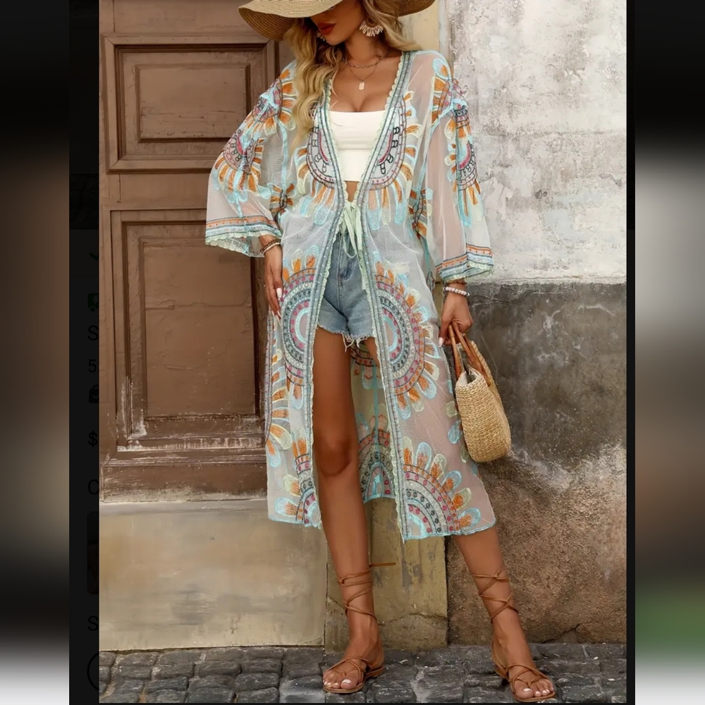Bohemian Style Long Sleeve Embroidered Mesh Kimono Coverup, OSFM